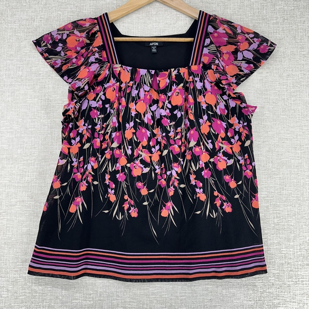 Apt. 9‎ Blouse Womens Petite Large Black Floral Flutter Sleeve Chiffon Top Lined